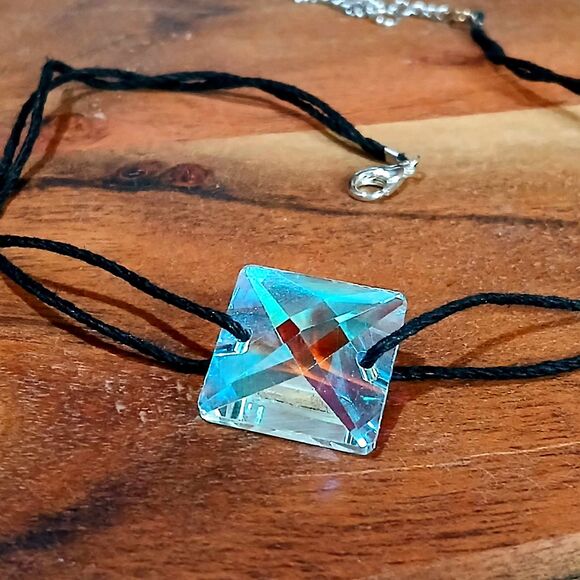 Holographic Glass Choker Necklace, Hemp Choker, Rainbow, Statement, Adjustable - Picture 2 of 5